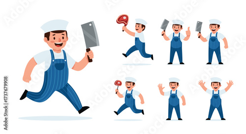 A butcher in overalls and hat is shown in various dynamic poses holding a cleaver and other props.