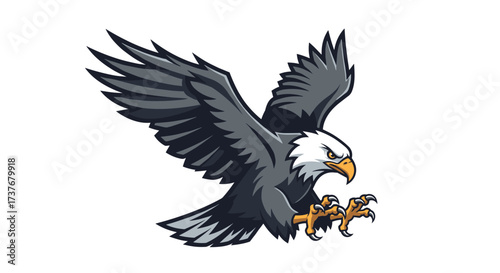 Majestic bald eagle in mid-flight with sharp talons extended.