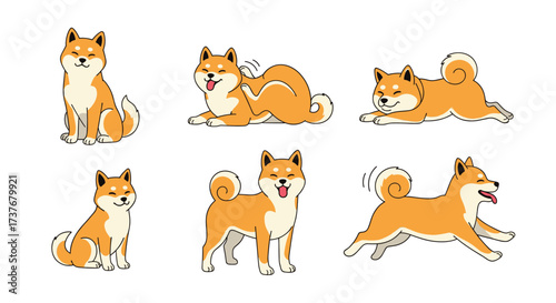 A collection of cute Shiba Inu dogs in various playful poses and activities.