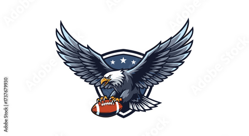An American bald eagle with outstretched wings holds a football.