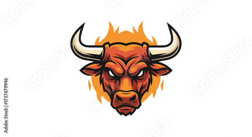 An angry bull with fiery horns and a menacing expression.