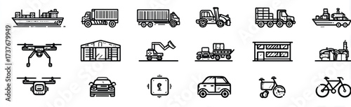 Set of transportation and logistics icons depicting shipping cargo delivery and warehousing in a modern style