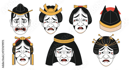 Traditional Japanese Noh theater masks depicting various sorrowful characters.
