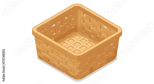 Isometric wicker basket icon with detailed weaving pattern on white background