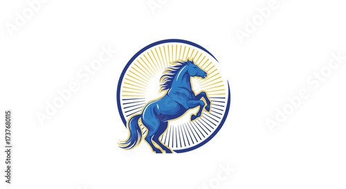 A powerful blue horse rearing up in a circle of radiating light rays.