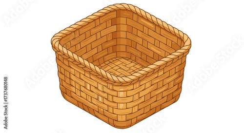 Wicker basket made of natural straw with rope edging in isometric style