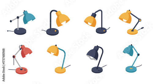 Modern desk lamp collection in isometric style with vibrant colors
