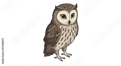 Adorable cartoon owl with striking yellow eyes and detailed brown feathering on plain white background