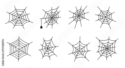 Set of eight spider web designs in simple black line style