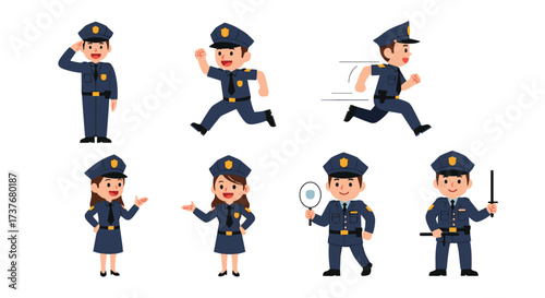 A set of police officers in different poses and actions.