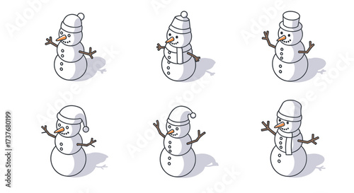 Charming snowman characters in minimalist isometric winter designs with hats and scarves