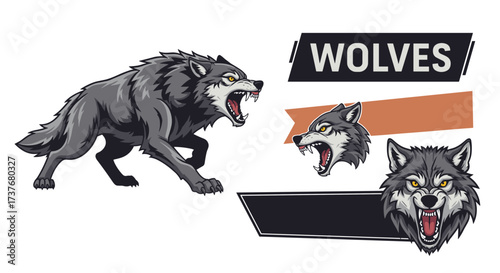 A fierce pixel art illustration of a snarling wolf and its head.