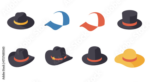 Collection of diverse hats in modern isometric style on white background