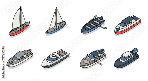 Isometric boat icons collection featuring diverse marine vessels