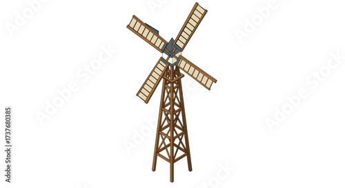 Rustic windmill on white background with wooden structure and blades