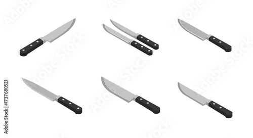 Set of isometric kitchen knives on white background