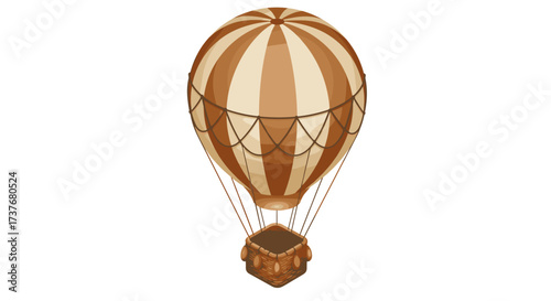 Vintage hot air balloon design with striped pattern and wicker basket