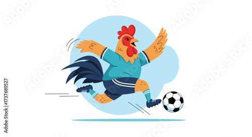 A cartoon rooster in a blue soccer uniform dribbles a soccer ball with speed.