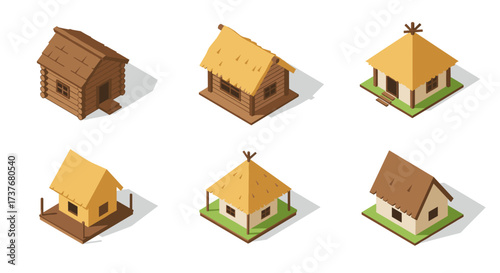 Rustic wooden cabins with thatched roofs in isometric design