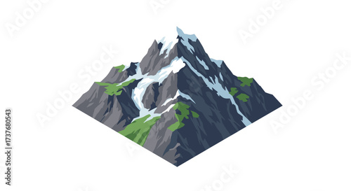 Isometric mountain peak with snow and green slopes
