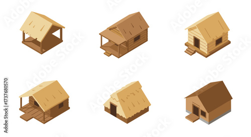Isometric rustic wooden huts series with varying roof designs