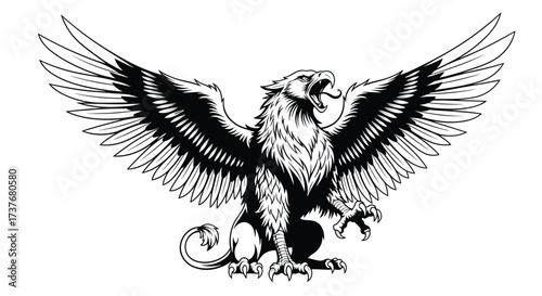 A majestic mythological creature with eagle wings and a lion's body roaring powerfully.