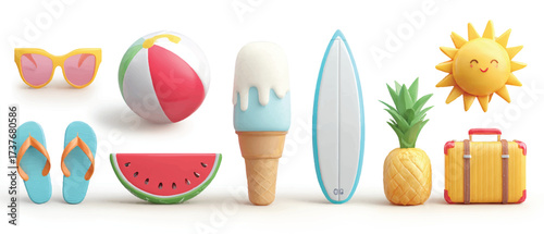 Summer Essentials Beach Holiday with Sunglasses Flip Flops Ice Cream Surfboard and Pineapple Travel Theme