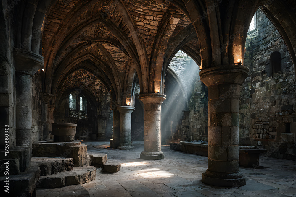 Obraz premium Stone vaulted ceiling and pillars in the medieval undercroft of Lanercost Priory