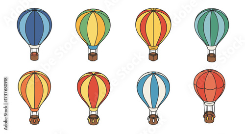 Colorful hot air balloons in diverse patterns and designs in flat style