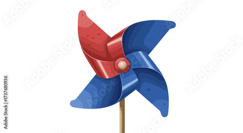 Colorful pinwheel with red and blue blades on wooden stick