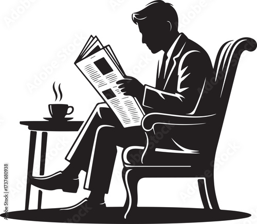 Silhouette of a man reading a newspaper and drinking coffee in an armchair sitting