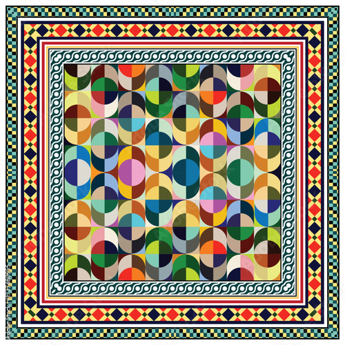 decorative vibrant abstract geometric scarf pattern featuring colorful interlocking shapes, including semi-circles, creating a modern and vibrant surface design.