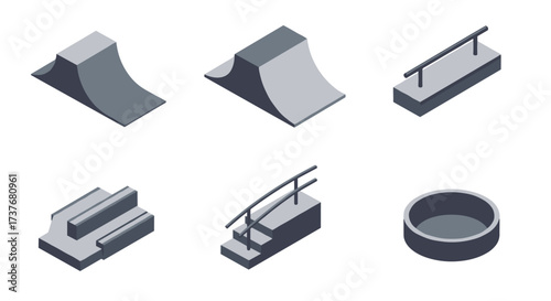 Isometric skatepark elements collection with ramps and rails