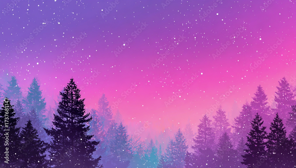 Naklejka premium Magical twilight forest landscape with starry sky and vibrant purple pink gradient