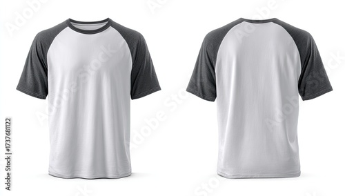 Raglan-sleeved t-shirt mockup; front and back views shown, white body with dark grey sleeves, short sleeves, crew neck