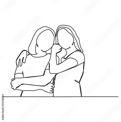 Abstract portrait of young pretty woman. Friends, sisters or couple. Continuous one line drawing of young pretty woman.