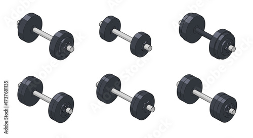Multiple dumbbells in isometric view on white background for fitness and gym training
