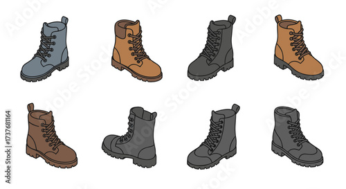 Stylish lace-up boots collection in modern flat design