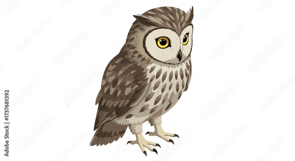 Fototapeta premium Detailed owl drawing with brown feathers and yellow eyes on white background