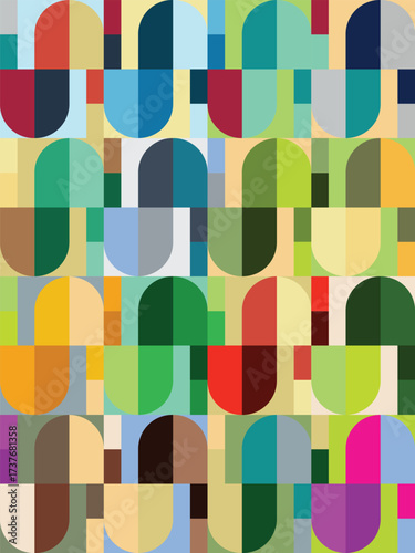 Retro geometric pattern featuring overlapping semi circles and rectangles in a variety of muted and vibrant colors. Abstract mid century modern design with a playful and colorful composition.