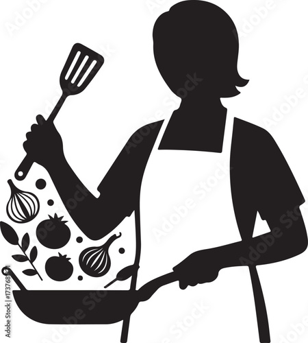 Silhouette of a person cooking with a spatula and a frying pan full of vegetables chef kitchen