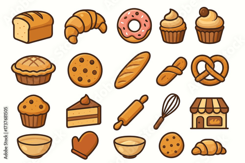 Assorted bakery icons: bread, pastries, cupcakes, cookies, and baking tools