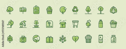 Sustainable living icons set depicting green energy recycling environmental protection and ecological balance