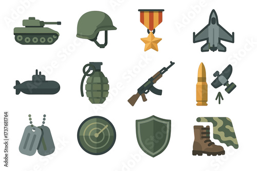 Military icons set: tank, helmet, medal, jet, submarine, grenade, rifle, and more