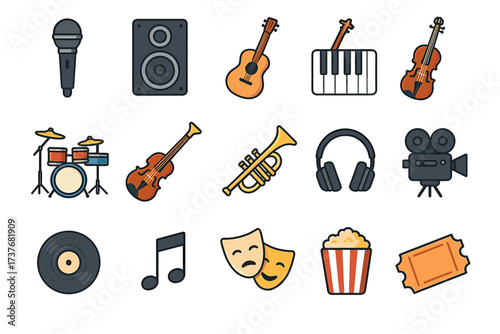 Colorful music and entertainment icons featuring instruments and cinema elements