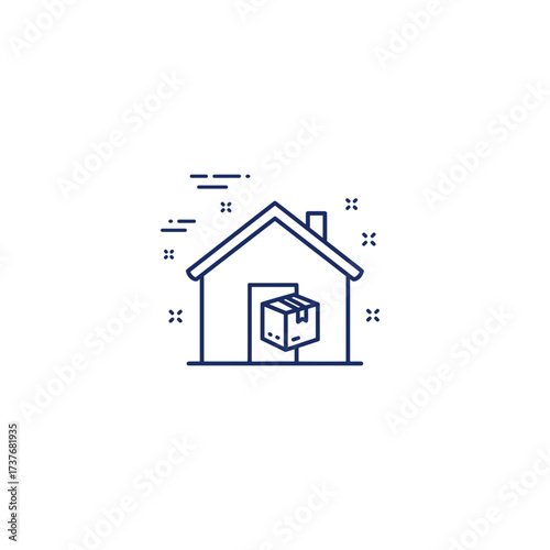 Delivery box arriving at a house in minimalist graphic style  