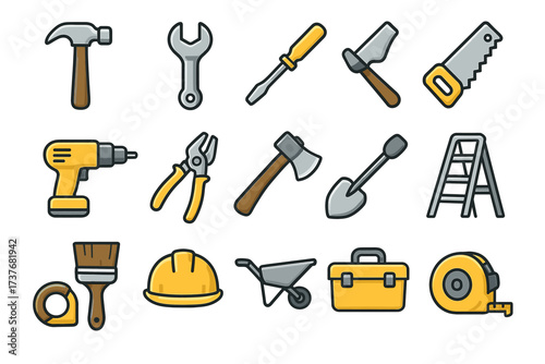 Set of colorful cartoon construction tools on white background