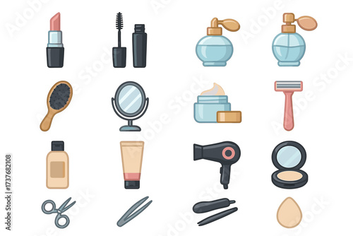 Set of beauty and personal care icons including makeup and grooming tools