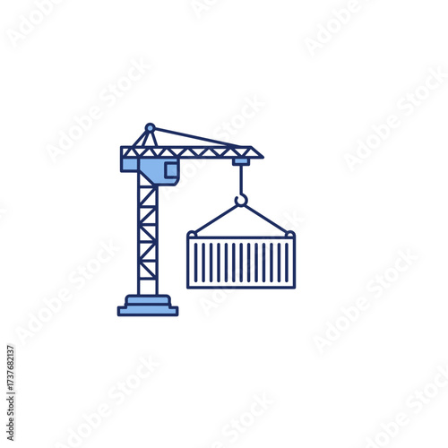 Construction crane lifting shipping container in minimalist style  