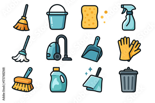 Illustrated set of cleaning tools and supplies with broom, mop, bucket, sponge, and spray bottle